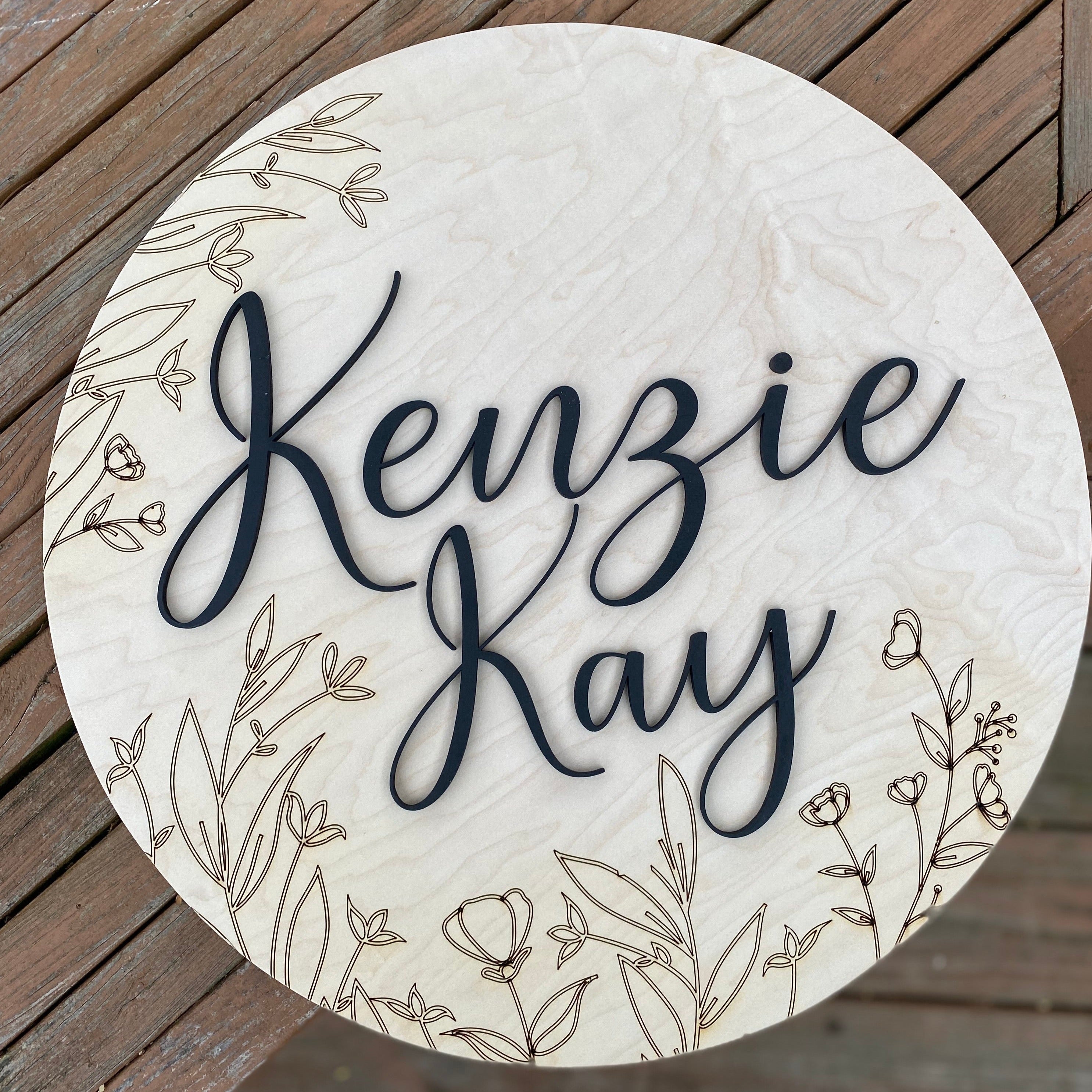 Natural Wood Floral Name Round