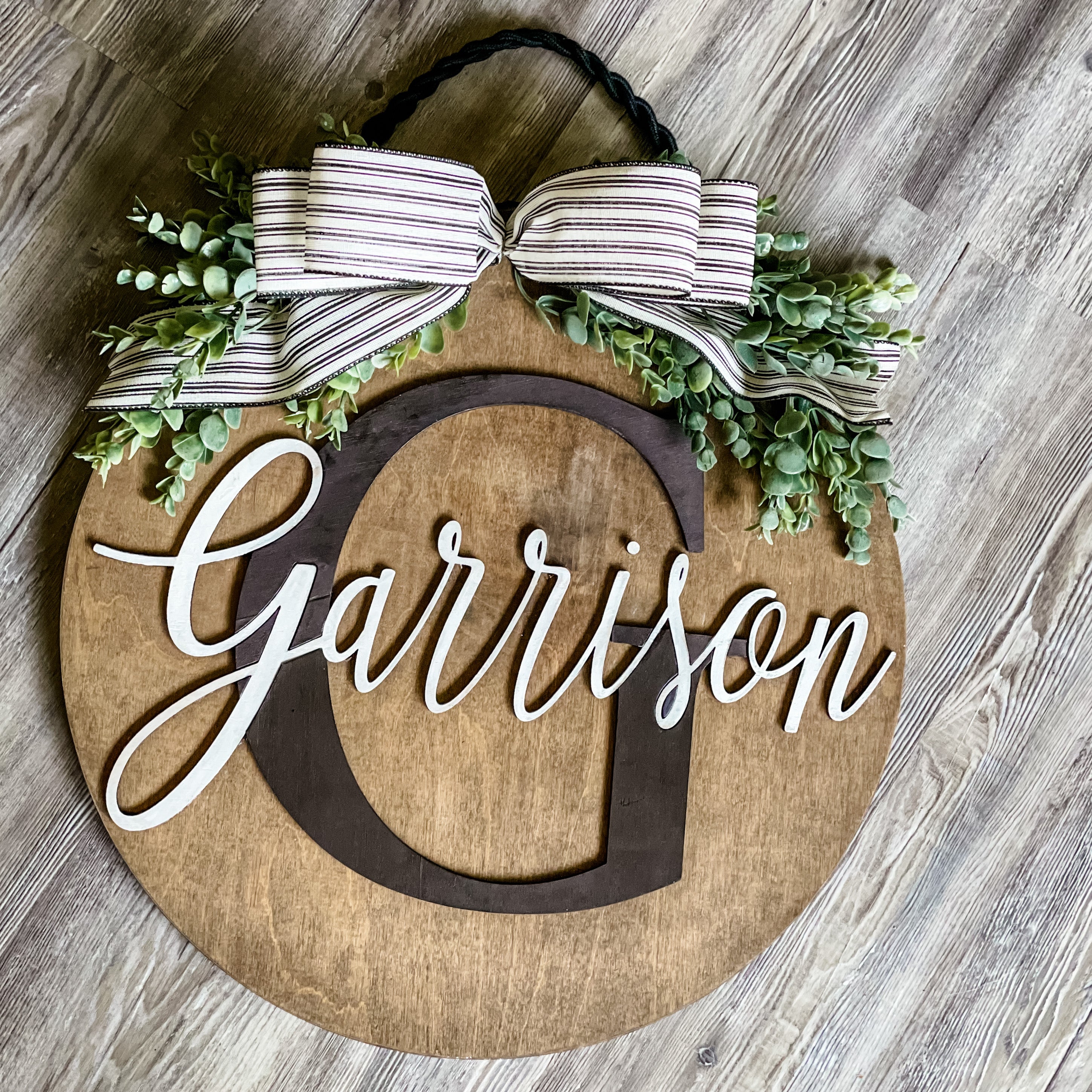 Black + White Stripe Personalized Name Round